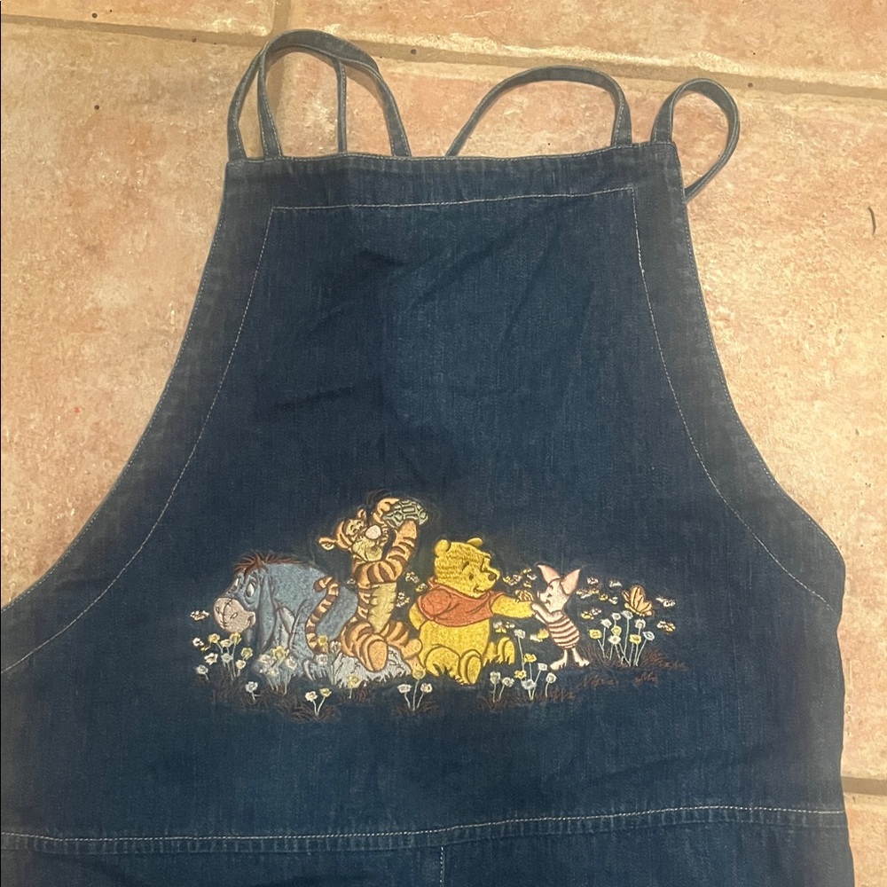 Vintage Disney Pooh Bear Floral Embroidered Denim Apron Dress. No tag SMALL - Picture 3 of 7